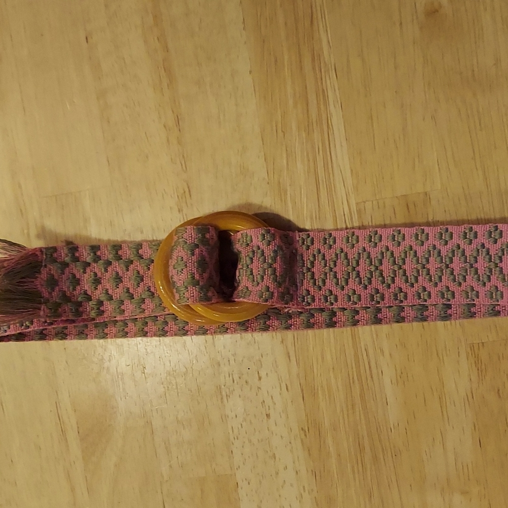 Woven Pink and Green Slide Belt‎ Wood Buckle